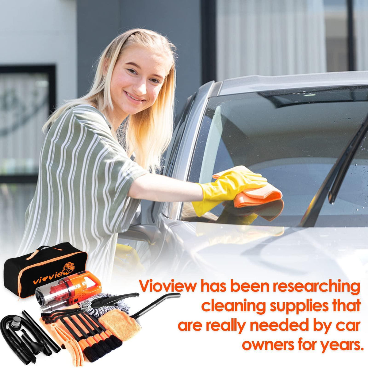 vioview Car Detailing Kit Interior Cleaner, 17Pcs Car Cleaning Supplies with High Power Portable Car Vacuum, Detailing Brush Set, Windshield Cleaner, Orange Car Accessories for Women Men Teens Kids
