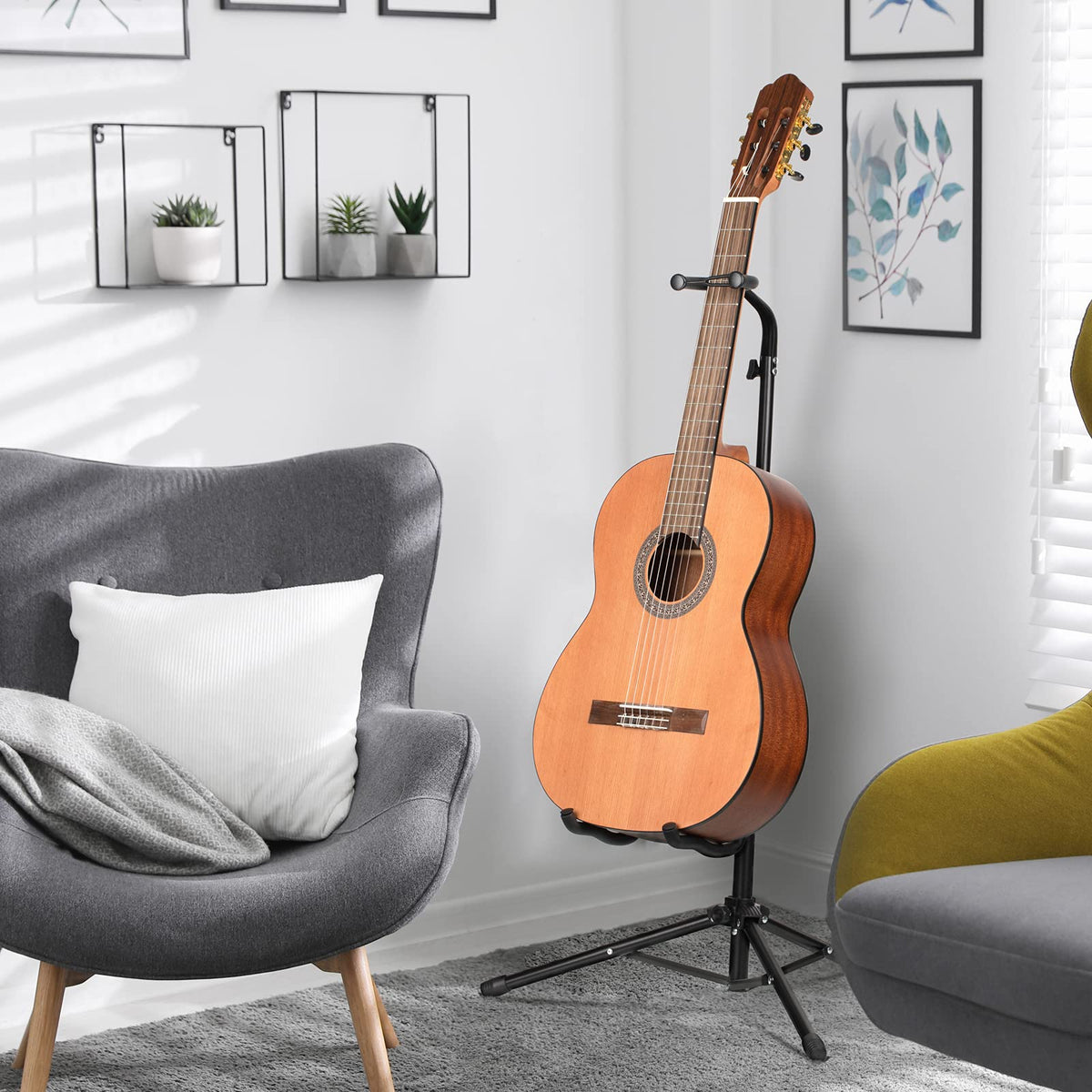 CAHAYA Guitar Stand Floor - Folding Universal Guitar Holder for Acoustic Electric Guitars Bass Guitar Adjust Height from 30.7 to 37 In Folding Tripod Guitar Stands with Neck Holder