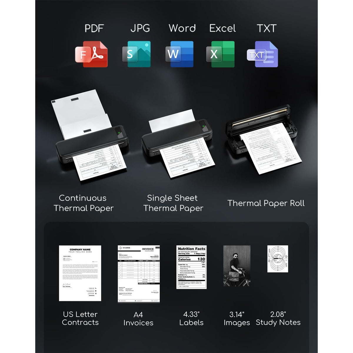 Portable Printers Wireless for Travel, Inkless Thermal Printer, Small Bluetooth Mobile Printer Support 8.5" X 11" Letter & A4 Thermal Paper, Compatible with iPhone Phone Laptop for Home Office Receipt