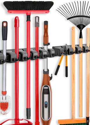 IMILLET 2 Pack Mop and Broom Holder, Wall Mounted Organizer Mop and Broom Storage Tool Rack with 5 Ball Slots and 6 Hooks (Black)