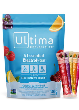 Ultima Replenisher Original Variety Electrolyte Packets, 20 Stickpacks | Daily Zero Sugar Powder Hydration Packets with 6 Key Electrolytes & Minerals - Sugar Free, Plant Based & Keto Friendly