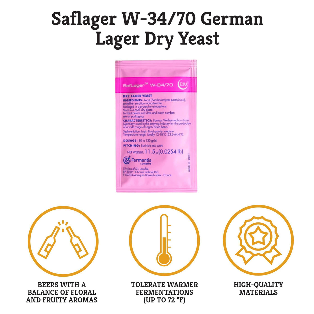 Craft A Brew - SafLager W-34/70 Yeast - German Lager Dry Yeast - For Craft Lagers - Ingredients for Home Brewing - Beer Making Supplies - [1 Pack]