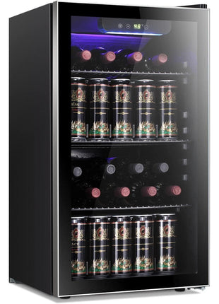 Antarctic Star 26 Bottle 130 Can Wine Cooler/Cabinet Beverage Refrigerator Mini Wine Cellar Beer Soda Clear Glass Door Bar Fridge Quiet Compressor Adjust Temp Freestanding 3.2cu.ft Black