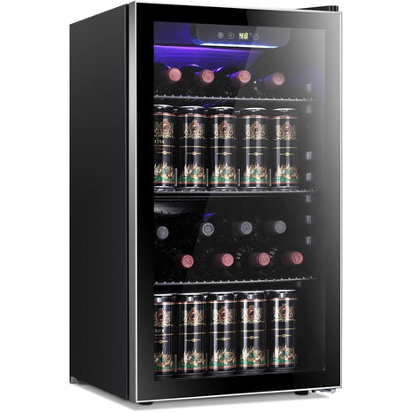 Antarctic Star 26 Bottle 130 Can Wine Cooler/Cabinet Beverage Refrigerator Mini Wine Cellar Beer Soda Clear Glass Door Bar Fridge Quiet Compressor Adjust Temp Freestanding 3.2cu.ft Black