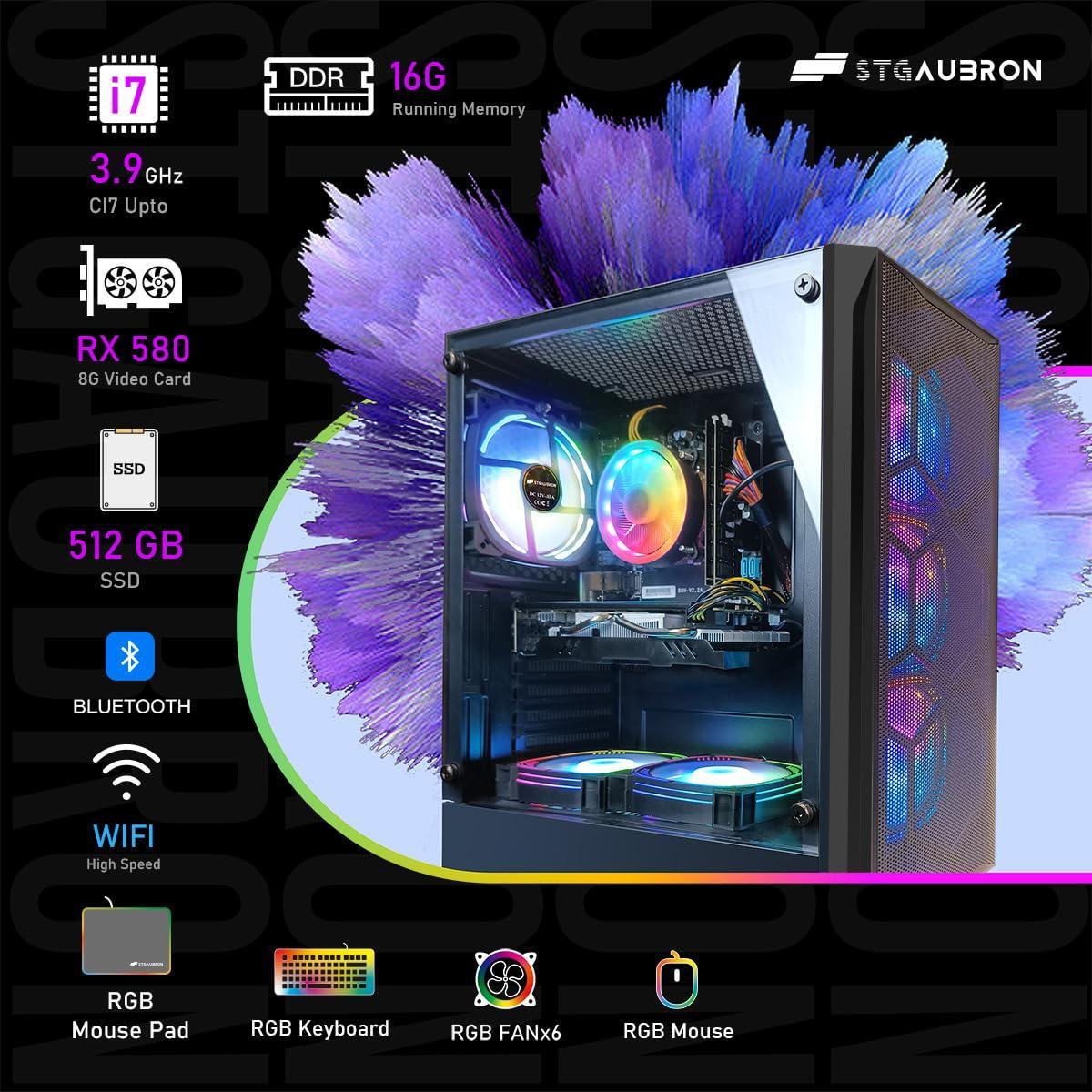 STGAubron Gaming PC Desktop Computer, Intel Core i7 up to 3.9 GHz, Radeon RX 580 8G, 16G RAM, 512G SSD, WiFi, Bluetooth 5.0, RGB Fan x6, Windows 10 Home
