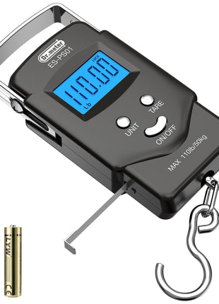 Dr.meter Fish Scale Luggage Scale Fishing Gear - 110lb/50kg Backlit LCD Display Digital Scale with Built-in Measuring Tape - Fishing Scale with 2 AAA Batteries, Pocket Size - Fishing Gifts for Men