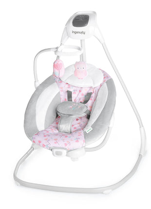 Ingenuity SimpleComfort Lightweight Compact 6-Speed Multi-Direction Baby Swing, Vibrations & Nature Sounds, 0-9 Months 6-20 lbs (Pink Cassidy) | Compact & Portable, Hands Free Soothing for Fussy Babies, Vibrations & USB Power for Newborns, 6-20 lbs