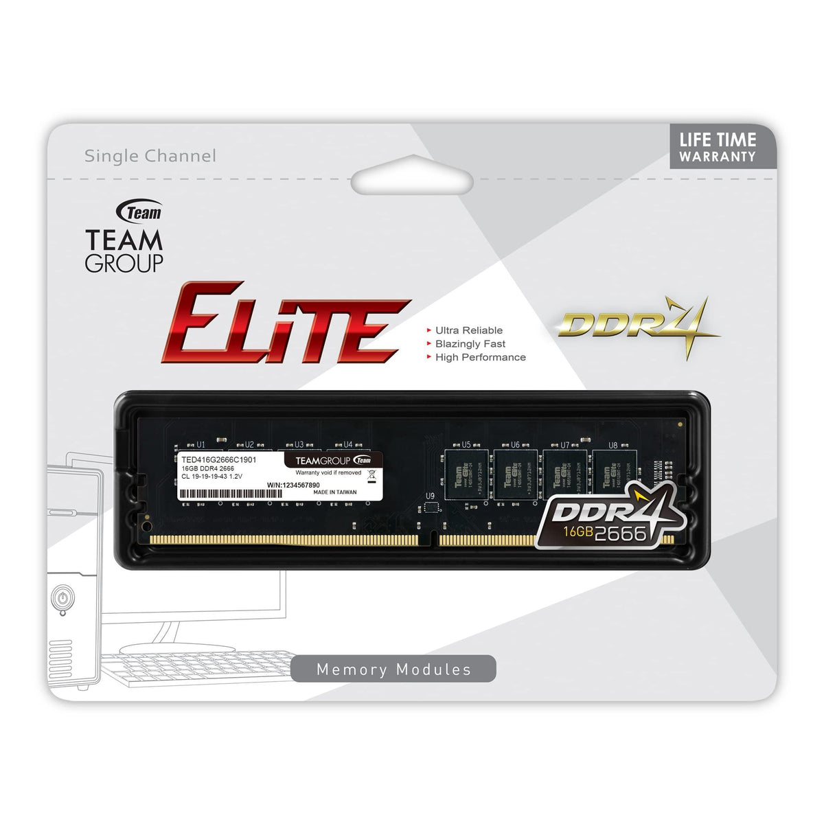 TEAMGROUP Elite DDR4 16GB Single 2666MHz (PC4-21300) CL19 Unbuffered Non-ECC 1.2V UDIMM 288 Pin PC Computer Desktop Memory Module Ram Upgrade - TED416G2666C1901