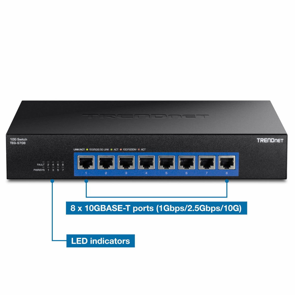 TRENDnet 8-Port 10G Switch, TEG-S708, 8 x 10G RJ-45 Ports, 160Gbps Switching Capacity Rack mountable, Ethernet Splitter, NDAA & TAA Compliant, Lifetime Protection, Black