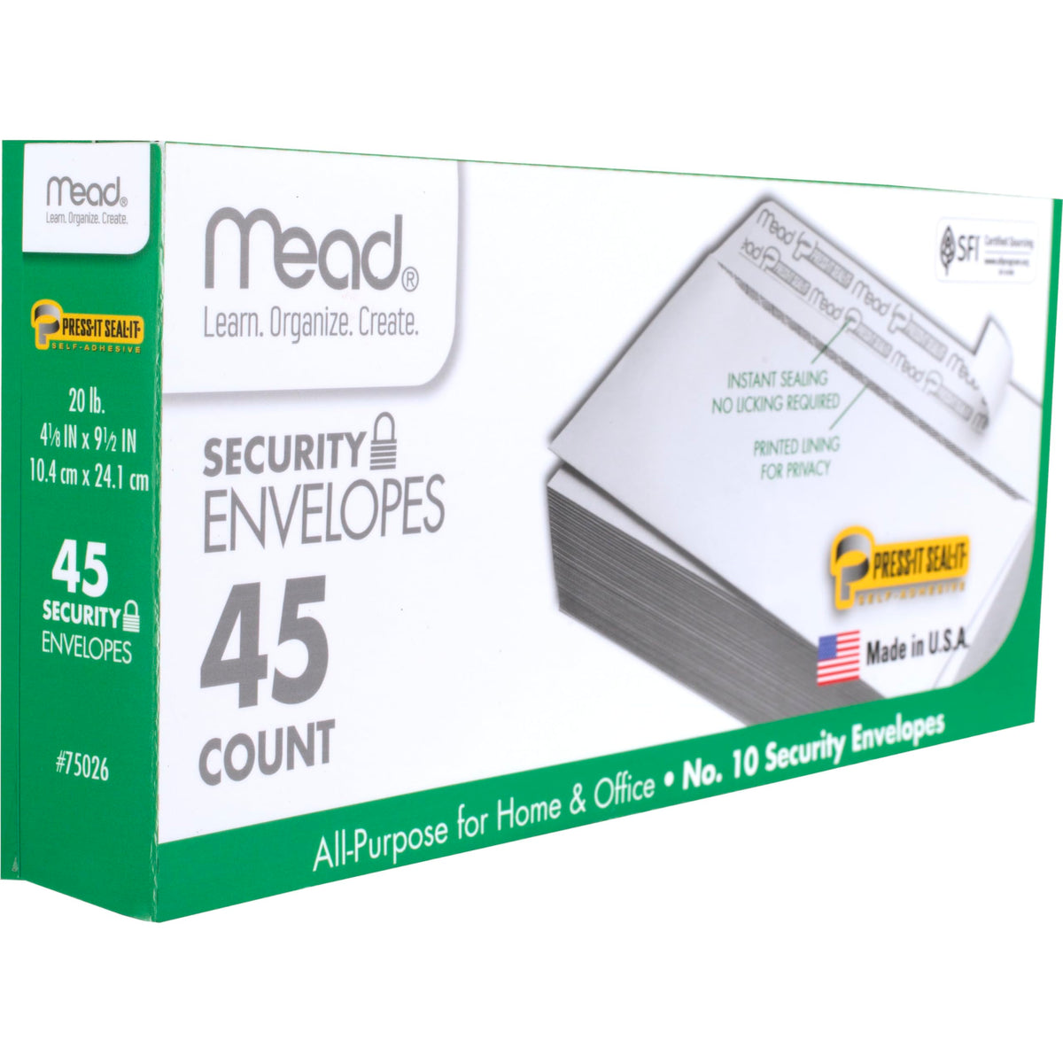 Mead #10 Security Business Envelopes Letter Size 4-1/8" x 9-1/2" – Peel and Seal, Privacy Lined, No-Window, Press-It Seal-It Self-Adhesive for Home & Office Mailing, 45 Count (75026)