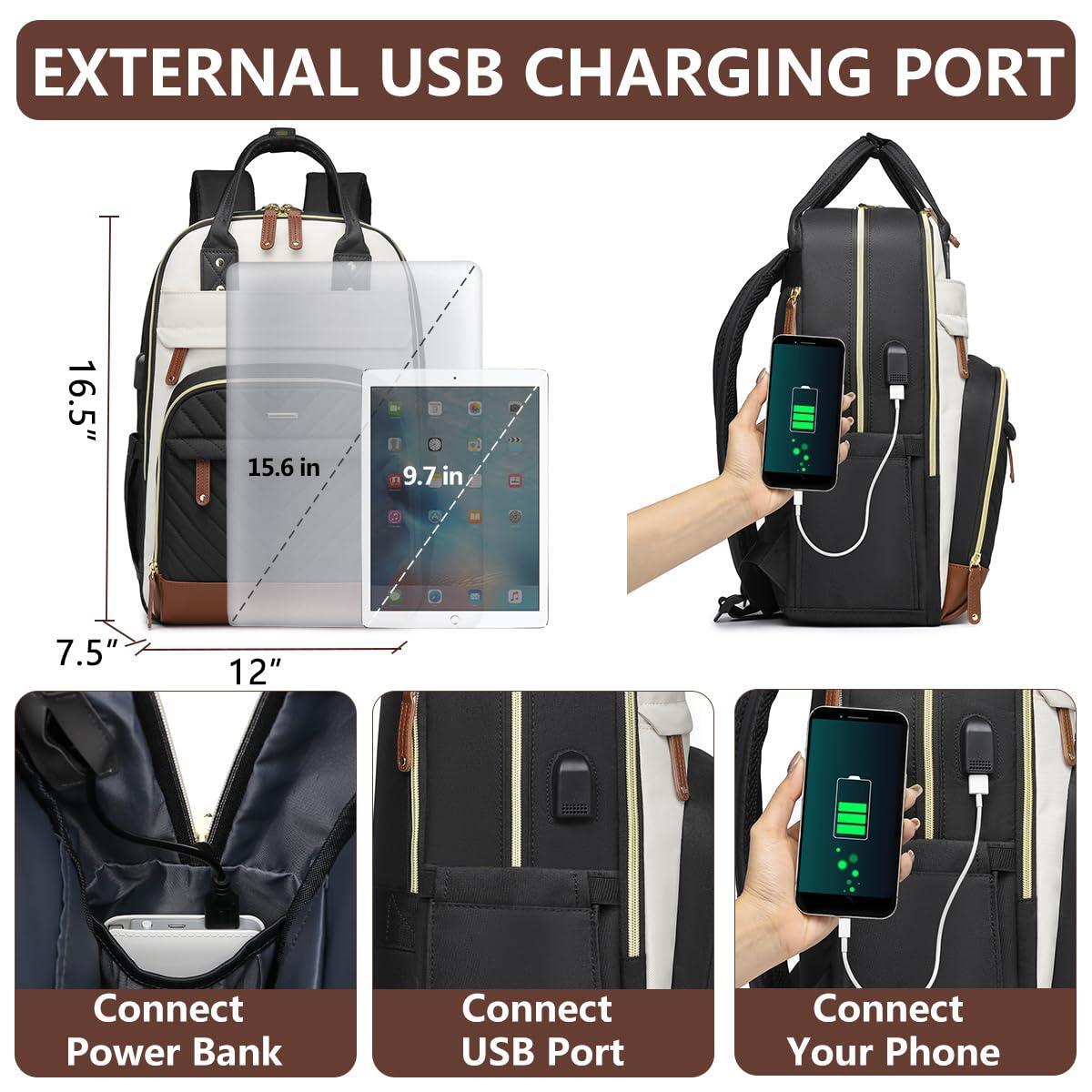 Laptop Backpack for Women Bag - 15.6 inch Work Travel Backpack with USB Charger College Bookbag Waterproof Business Computer Backpack Anti-theft Casual Backpacks for Nurse Teacher Beige Black Brown