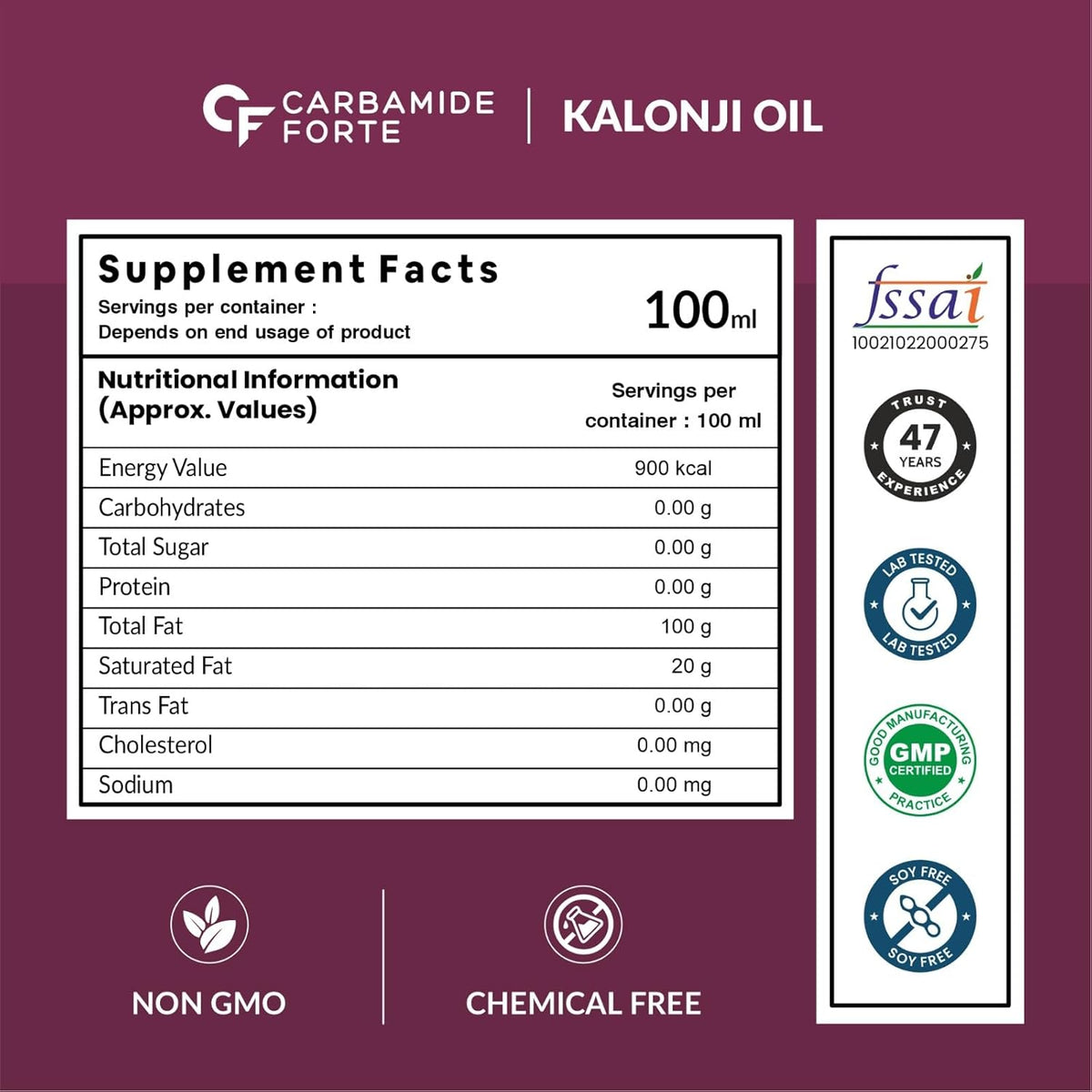 Carbamide Forte Cold Pressed Kalonji Oil for Hair Growth- Pure Black Seed Oil for Hair Growth & Skin - Virgin Grade Nigella Sativa - 100ml