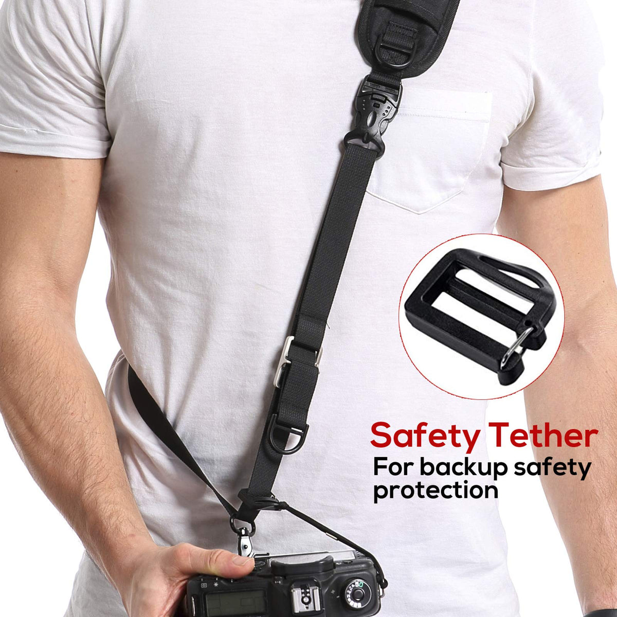 Waka Rapid Camera Neck Strap with Quick Release and Safety Tether, Adjustable Shoulder Sling Strap for Nikon Canon Sony Olympus DSLR - Black
