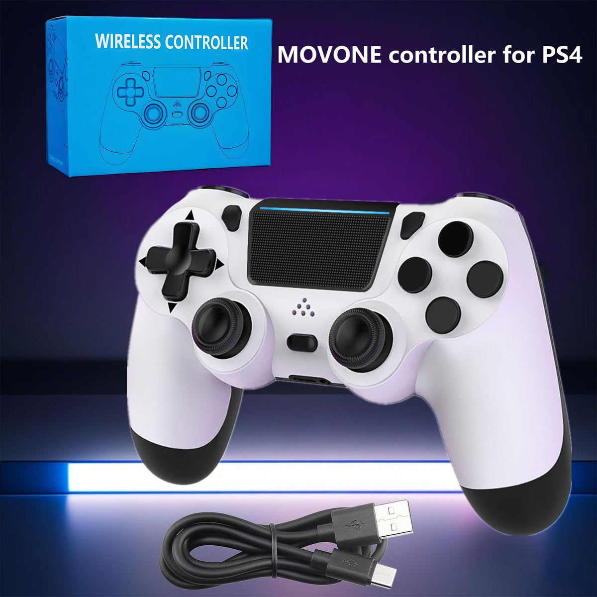 MOVONE Wireless Controller for PS4,Dual Vibration Game Joystick/Motion Sensing/Touchpad/Speaker/3.5mm Headphone,Compatible with PS4/Slim/Pro Console/PC(white+black)