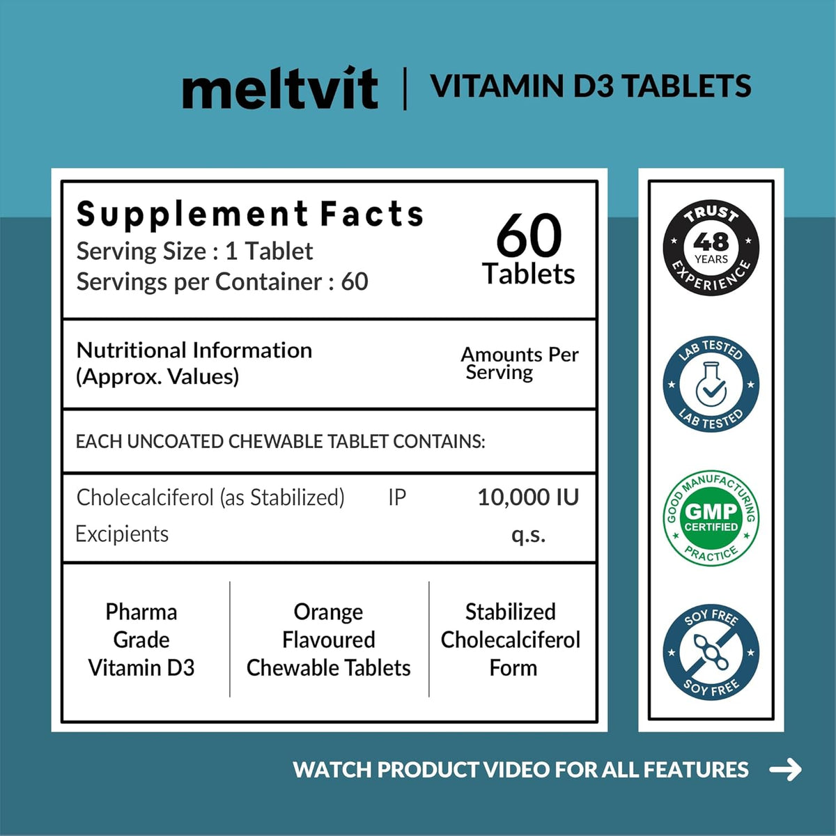 MELTVIT Chewable Vitamin D3 10000 IU - Cholecalciferol Vitamin D Supplement for Women & Men | Orange Flavour - 60 Tablets