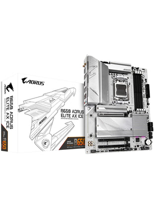 GIGABYTE B650 AORUS Elite AX ICE AMD AM5 ATX Motherboard, Support Ryzen 9000/8000/7000 Series, DDR5, 12+2+2 Power Phase, PCIe 5.0 M.2, USB-C 3.2 Gen 2, WIFI6E, 2.5GbE, EZ-Latch, Q-Flash, RGB Fusion