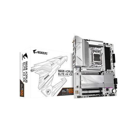 GIGABYTE B650 AORUS Elite AX ICE AMD AM5 ATX Motherboard, Support Ryzen 9000/8000/7000 Series, DDR5, 12+2+2 Power Phase, PCIe 5.0 M.2, USB-C 3.2 Gen 2, WIFI6E, 2.5GbE, EZ-Latch, Q-Flash, RGB Fusion