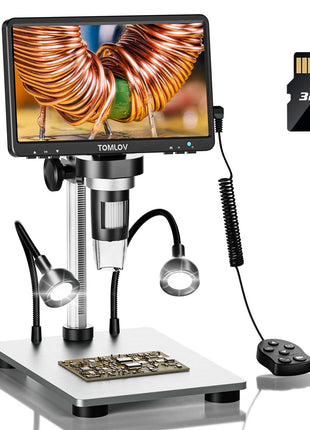 TOMLOV DM9 7" Digital Microscope: 1080P 1200X Coin Microscope Magnifier, 12MP Ultra-Precise Focusing LCD Soldering Microscopes for Adults, PC View, 16GB