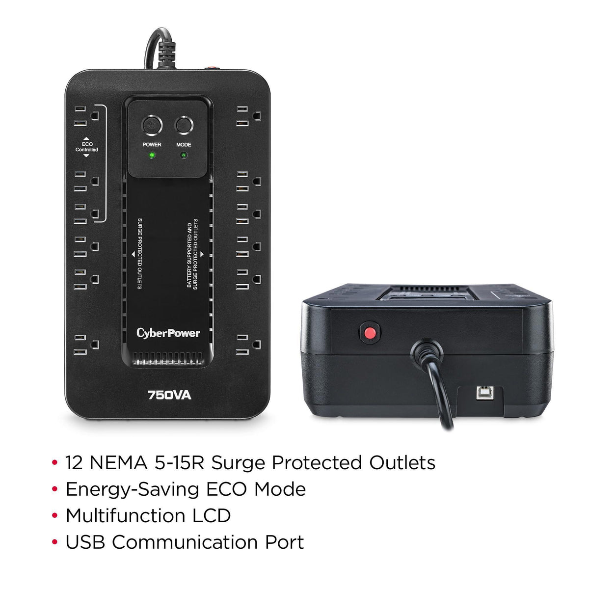 CyberPower EC750GTAA Ecologic Battery Backup & Surge Protector UPS System, 750VA/450W, 12 Outlets, ECO Mode, Compact Uninterruptible Power Supply, TAA Certified
