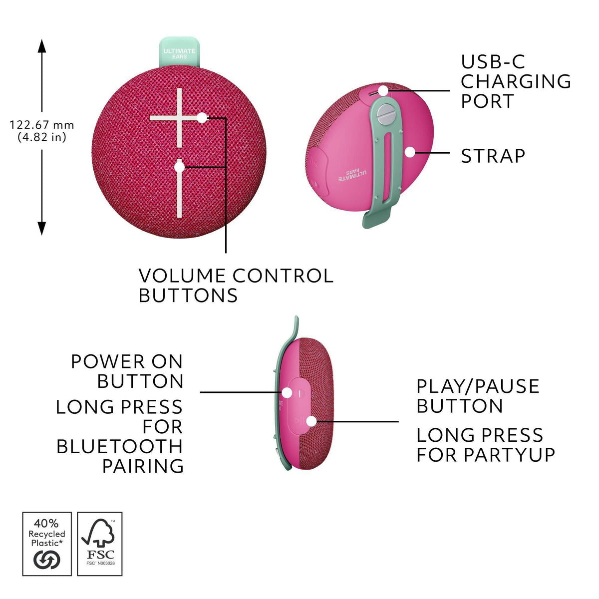 Ultimate Ears MINIROLL Ultra-Portable Waterproof Bluetooth Speaker, Big Bass, IP67 Dustproof, 131 ft Range - Gentle Pink
