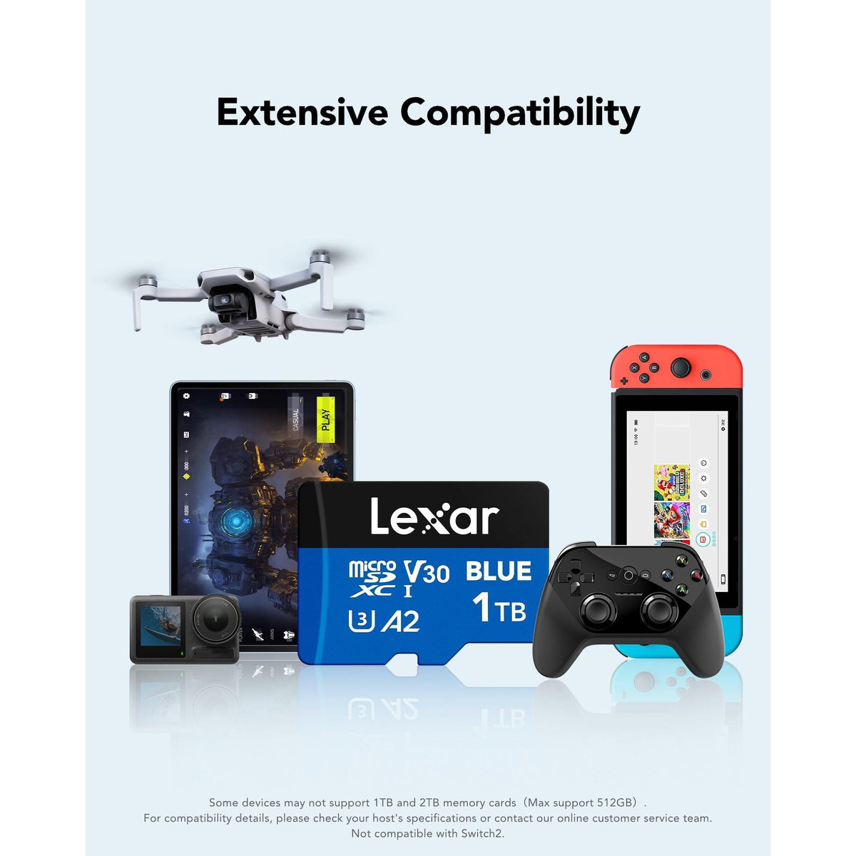 Lexar 1TB Blue Micro SD Card Up to 160MB/s, microSDXC UHS-I Memory Card with SD Adapter, C10, U3, A2, V30, Full HD, 4K UHD, High Speed TF Card