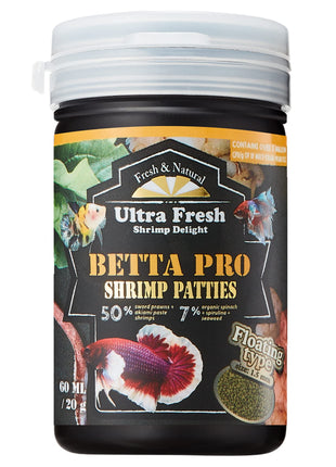 Ultra Fresh Betta Fish Food, Pro Shrimp Patties, 50% Sword Prawns + Akiami Paste Shrimps, All Natural Protein, Rich in Calcium, for Betta's Healthy Development and Cleaner Water, 0.7 oz