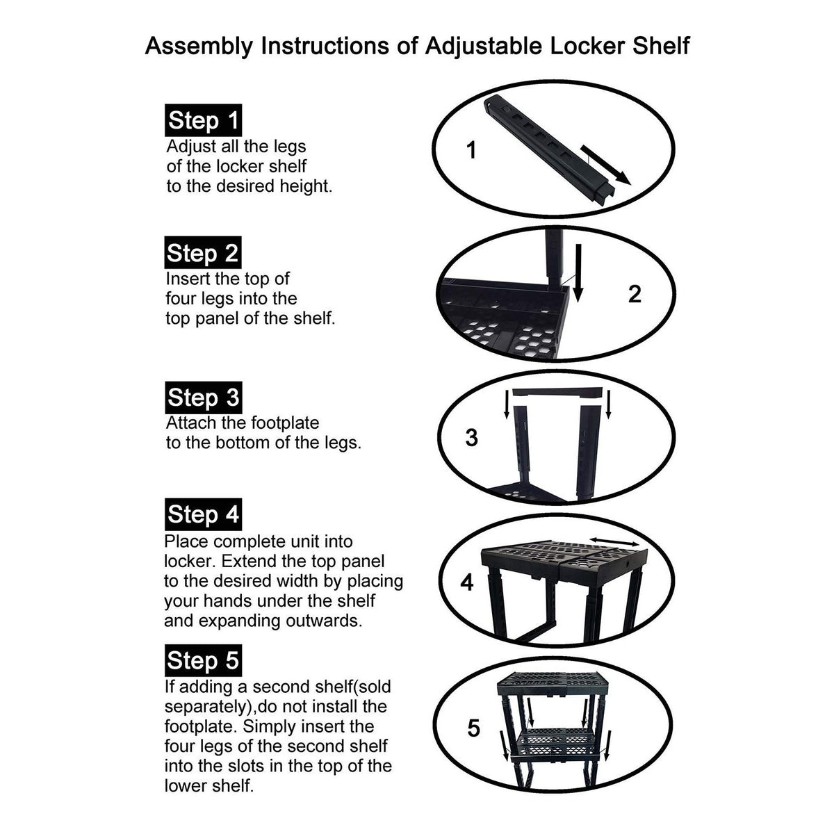 ABLinox Locker Organizer Shelf， Adjustable Width and Height, Ideal Locker for School, Office, and Gym Lockers (Black)