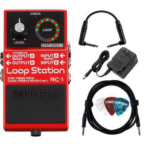 Boss RC-1 Loop Station Bundle with Gearlux Power Supply, Instrument Cable, Patch Cable, and Picks