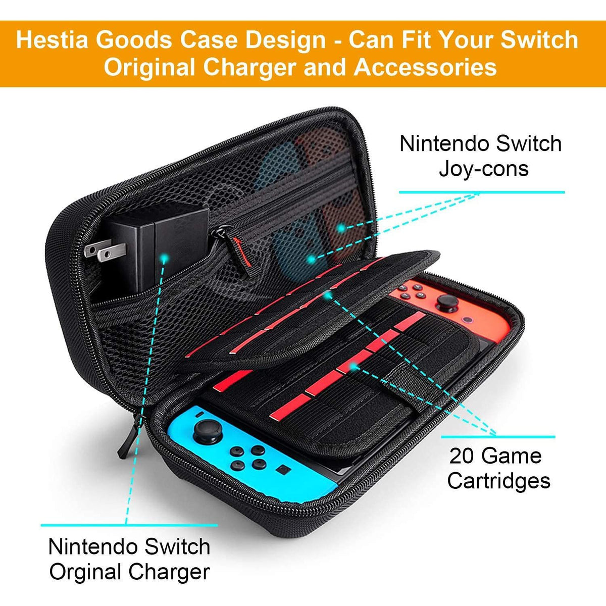 Deruitu Switch Carrying Case Compatible with Nintendo Switch/Switch OLED - Fit AC Charger Adapter - with 20 Game Cartridges Hard Shell Travel Switch Pouch for Console & Accessories