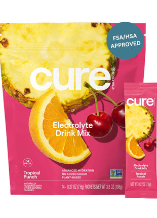 Cure Hydration - Electrolyte Drink Powder Tropical Punch 14 Packets | Plant-Based Dehydration Relief Mix Made with Coconut Water, No Added Sugar, Vegan, Non-GMO, Gluten Free, FSA-HSA Eligible