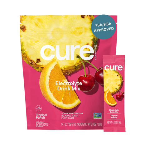 Cure Hydration - Electrolyte Drink Powder Tropical Punch 14 Packets | Plant-Based Dehydration Relief Mix Made with Coconut Water, No Added Sugar, Vegan, Non-GMO, Gluten Free, FSA-HSA Eligible