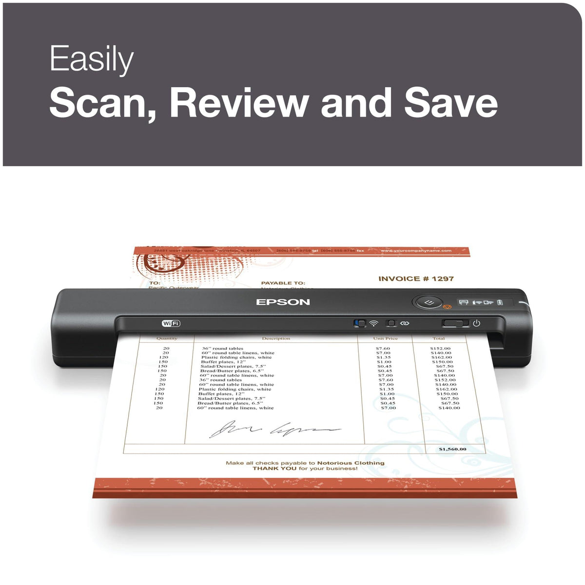 Epson Workforce ES-60W Wireless Portable Sheet-fed Document Scanner for PC and Mac 10.7" x 1.9" x 1.4"