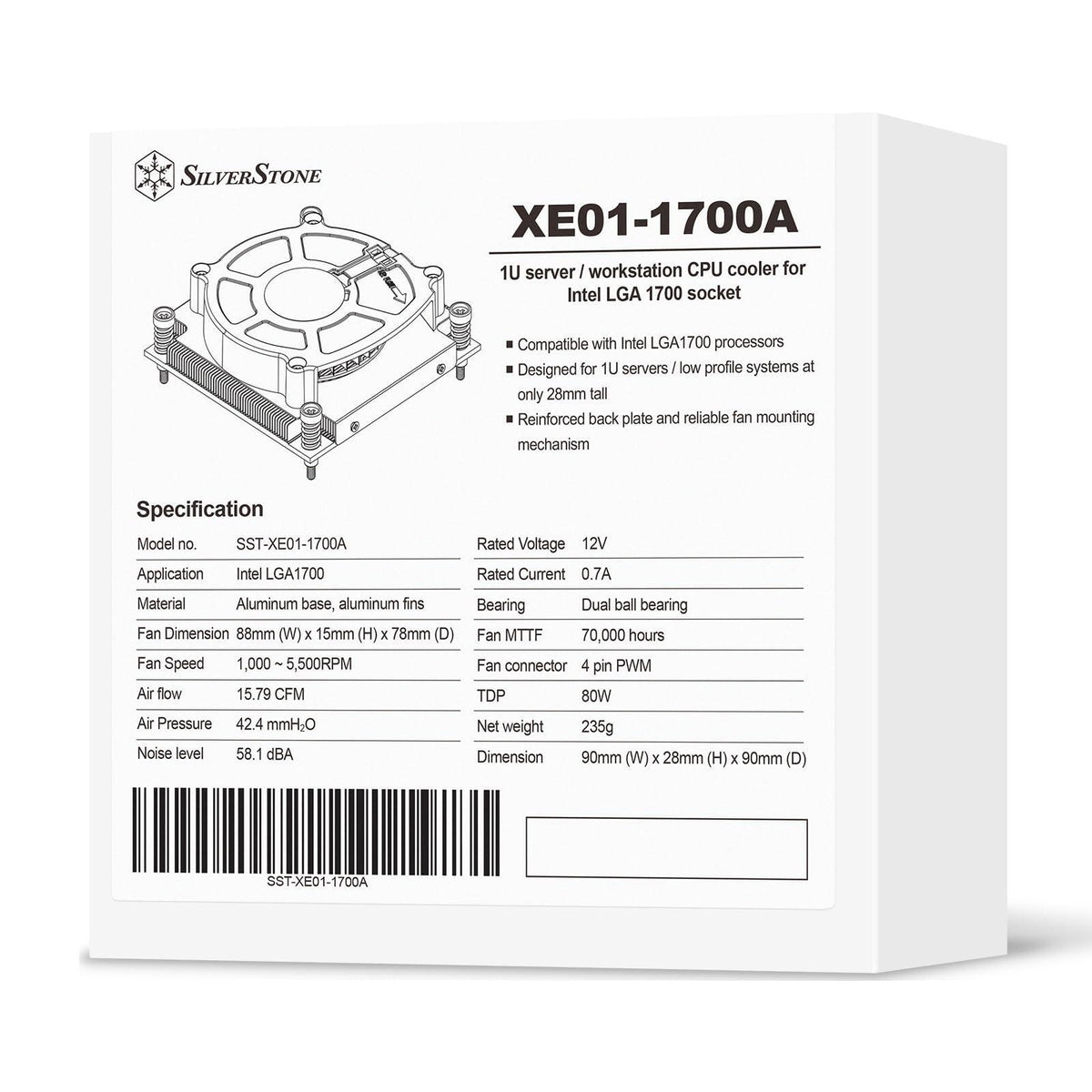 SilverStone Technology XE01-1700A 1U Server/Workstation CPU Cooler for LGA 1700 & LGA1851socket, SST-XE01-1700A