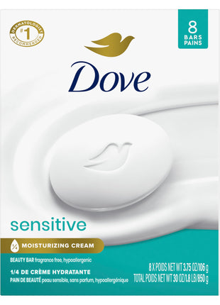 Dove Beauty Bar Soap Sensitive, 8 Bars for Sensitive Skin, Fragrance Free and Hypoallergenic 3.75 oz | Fragrance-free, hypoallergenic beauty bar with 1⁄4 moisturizing cream for sensitive skin on face, body and hands