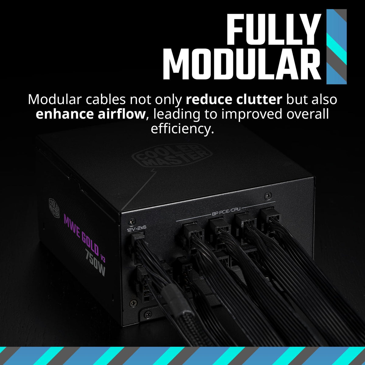 Cooler Master MWE Gold 750 V3 ATX 3.1 Full Modular PSU, 750W, 80+ Gold Efficiency, 90° 12VHPWR|450W PCIe 5.1, GPU Support RTX 4080, Zero-RPM Mode, Hexagonal Fan Cover, 10-Year