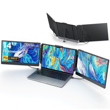 APILDELLA 14'' Triple Laptop Screen Extender, 1080P FHD Portable Dual Monitor for Laptop USB C HDMI, Plug-Play Monitor Extender for Triple Display for Mac/Windows, Fit 13 inch-17.3 inch Laptops