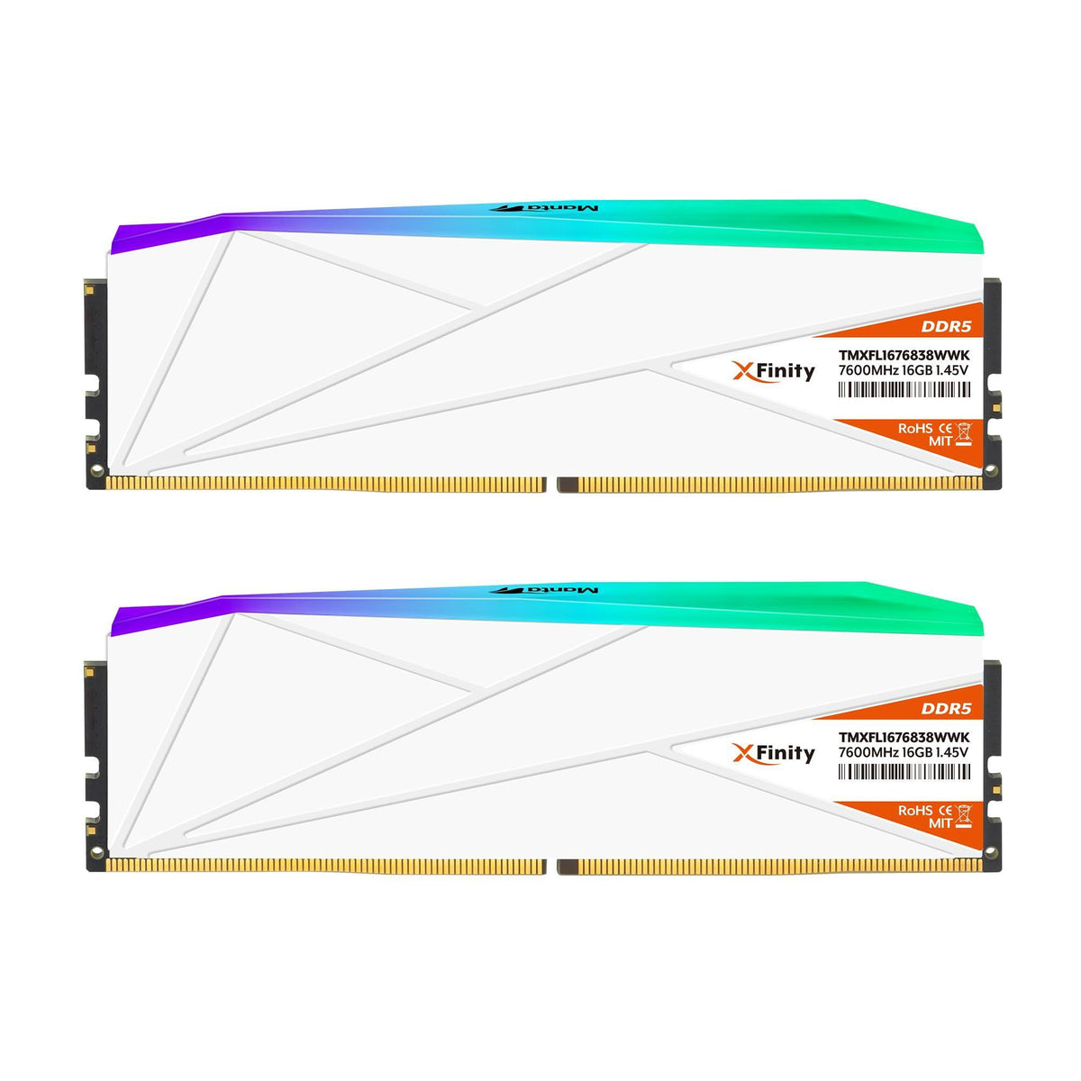 V-Color Manta XFinity RGB DDR5 32GB (16GBx2) 7600MHz CL38 1.45V RGB Gaming Desktop Upgrade RAM(Intel XMP 3.0 & AMD Expo Compatible) U-DIMM Memory Module SK Hynix IC - White (TMXFL1676838WWK)