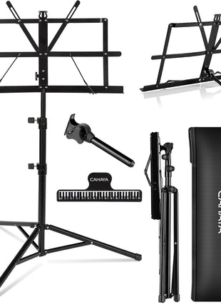CAHAYA Portable Sheet Music Stand: Dual Use Desktop Book Holder Folding Lightweight Extra Stable Reinforced with Carrying Bag and Clip for Students Musicians Height Adjustable up to 54.3 inch CMS0204