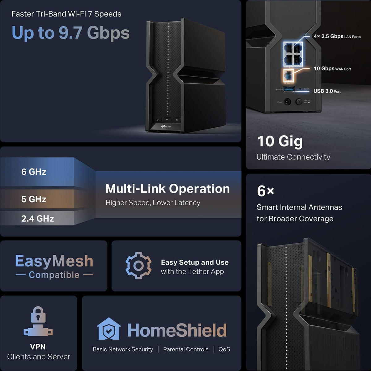 TP-Link Tri-Band BE9700 WiFi 7 Router Archer BE550 Pro 1 × 10G + 4 × 2.5G, USB 3.0 6 Internal Antennas VPN Clients & Server 6GHz Band, Easy-Mesh, HomeShield, MLO, Private IOT