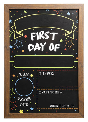 First Day Last Day of School Double Sided Sign with Frame (Reusable Dry Erase Board for Liquid Chalk Markers - 9.17 inch x 13.27 inch)
