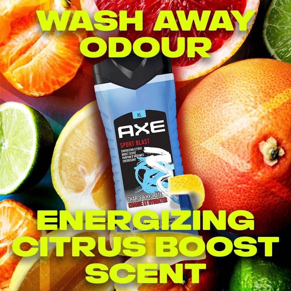 Axe Sports Blast 3 In 1 Body, Face & Hair Wash for Men, Long-Lasting Refreshing & Energizing Citrus Fragrance for Up To 12hrs Removes Odor & Bacteria, No Parabens, Dermatologically Tested, 400ml