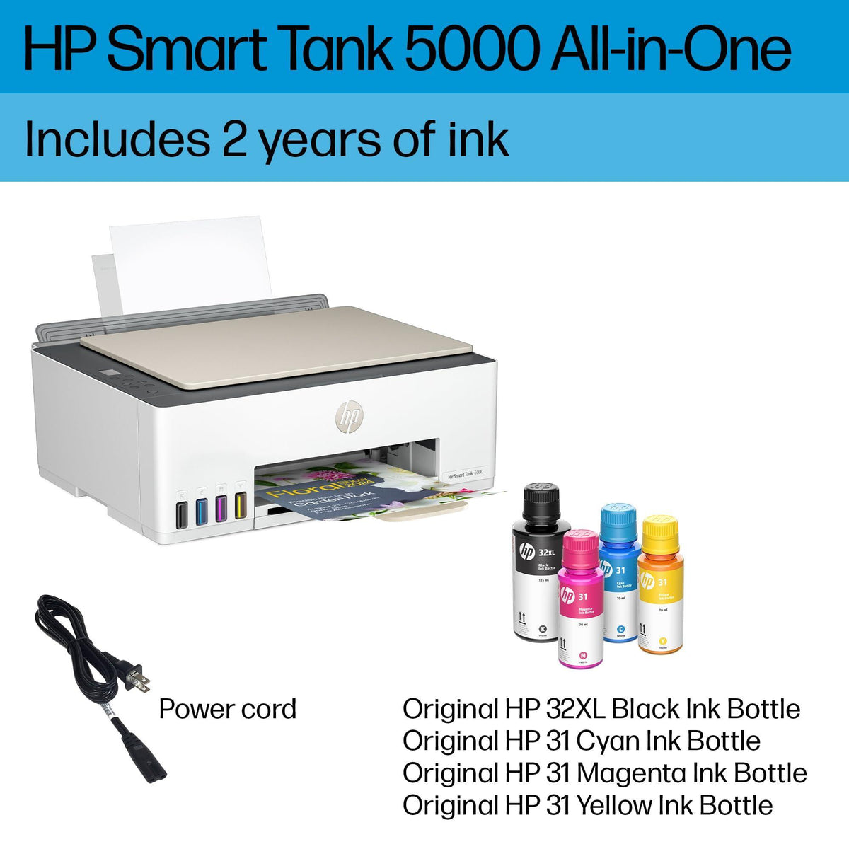 HP Smart Tank 5000 Wireless All-in-One Ink Tank Printer with up to 2 years of ink included, mobile print, scan, copy