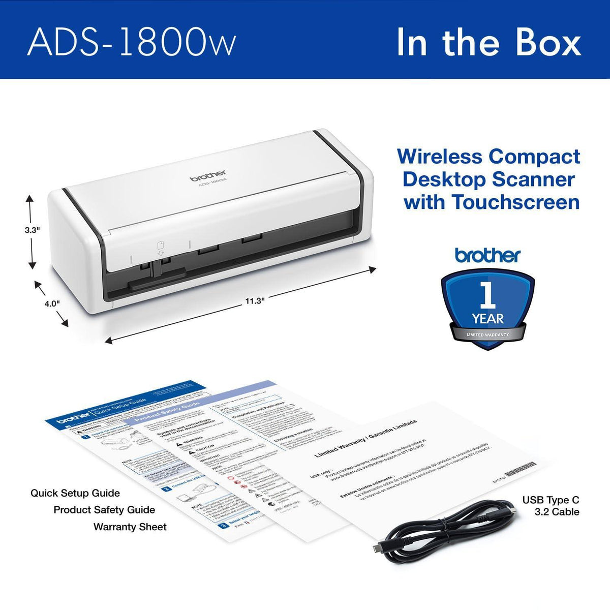Brother ADS-1800W Wireless Compact Desktop Scanner | Scan Speeds of Up to 30ppm | 2.8" Color Touchscreen