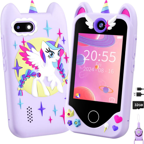 Yosfeng Kids Smart Phone Toy for Girls Ages 3-8, Touchscreen Toy Phone with Dual Cameras, Learning Games, Music Player, 32GB Card Birthday Gift for Kids