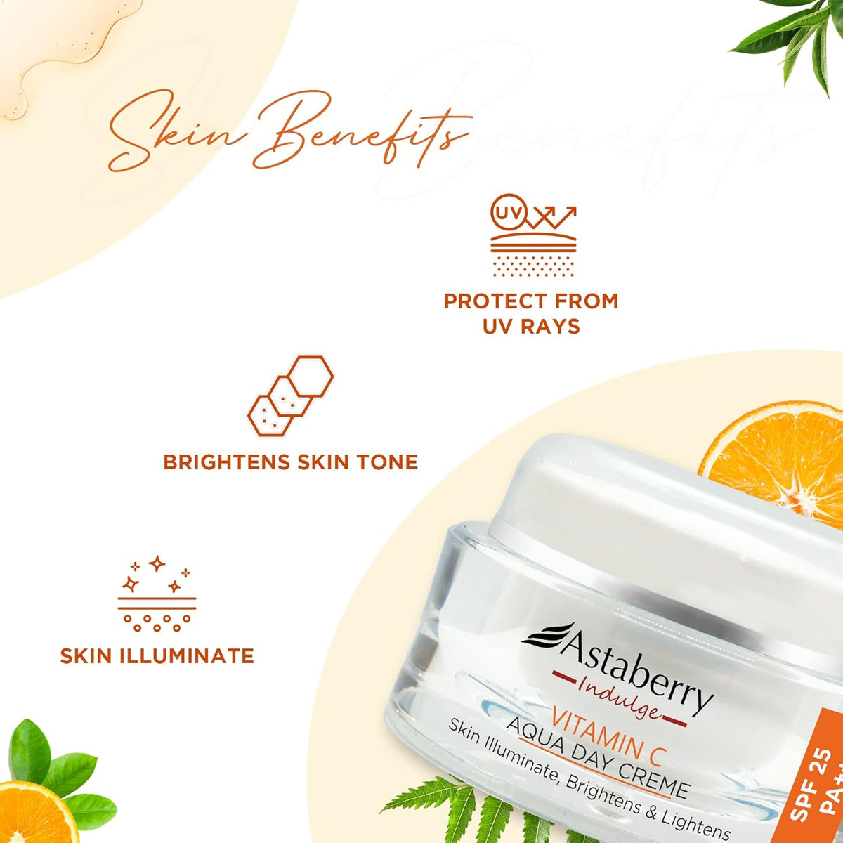 Astaberry Indulge Vitamin C Day CrËme with SPF 25 for Glowing Skin | Reduces Acne | Protects From UV Damage | Reduces Dark Spots & Blemishes - 50 g