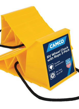 Camco Camper & RV Wheel Chock with Rope - Keeps Trailer in-Place to Safely Unhitch or Park - Compatible with Wheels Up to 26" in Diameter & Molded of Heavy-Duty Hard Plastic - 2-Pack - 44471