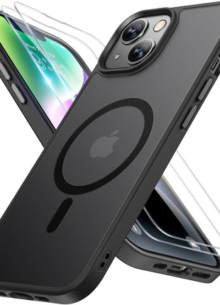 Miracase Magnetic for iPhone 14 Case 6.1 inch (Compatible with MagSafe)(with 2X Screen Protectors) Military-Grade Protection, Anti-Fingerprint Translucent Matte Phone Case Cover, Black