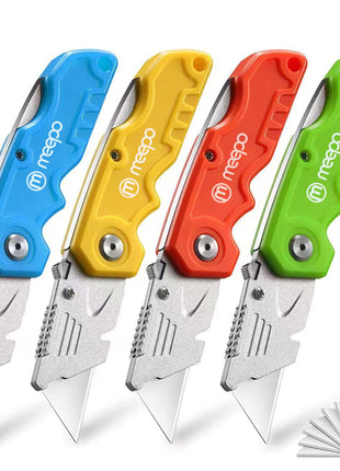 4-Pack Box Cutter, Colorful Folding Utility Knife w/ 10 pcs Blades | Tough Design, Razor Sharp Blade, Comfortable Handle, Can cut Drywall, Sheet Plastic, Linoleum, Boxes, Rope