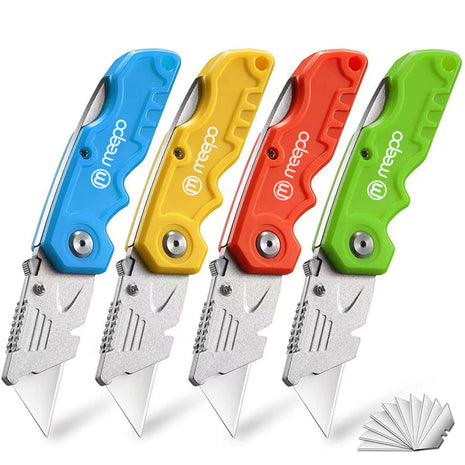 4-Pack Box Cutter, Colorful Folding Utility Knife w/ 10 pcs Blades | Tough Design, Razor Sharp Blade, Comfortable Handle, Can cut Drywall, Sheet Plastic, Linoleum, Boxes, Rope