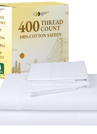 California Design Den Soft 100% Cotton Sateen Queen Bed Sheets Set, White | 400 Thread Count Backed by Good Housekeeping Seal, 16" Deep Pocket, All-Around Elastic, Durable, Easy Care
